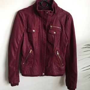 Burgundy Faux Leather Biker Jacket